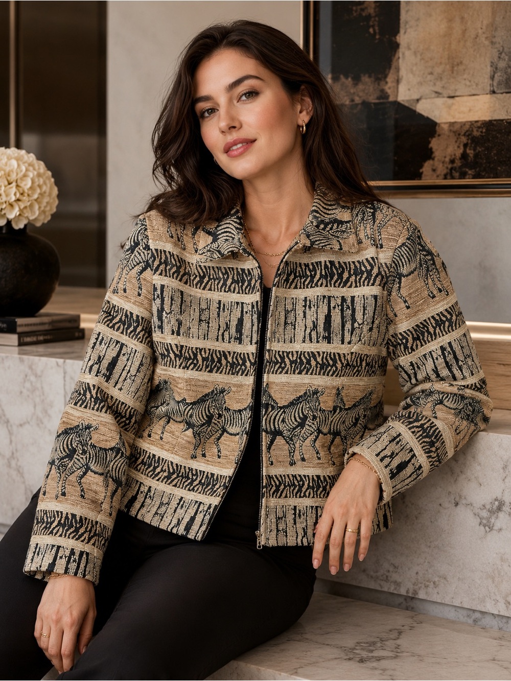 Giancarlo Ferrari Women Jacket 14 Beige Black Zebra Tapestry Woven Zip Front